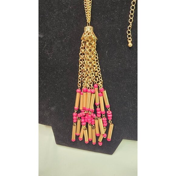 Vintage Gold Tone Tube Tassel Necklace Bead Accents Boho Chic Jewelry - Picture 2 of 5